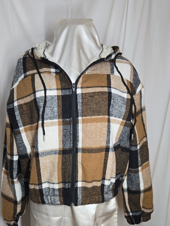 Jackets & Blazers - Plaid Zip-Up Hoodie Jacket in Camel, Black & White